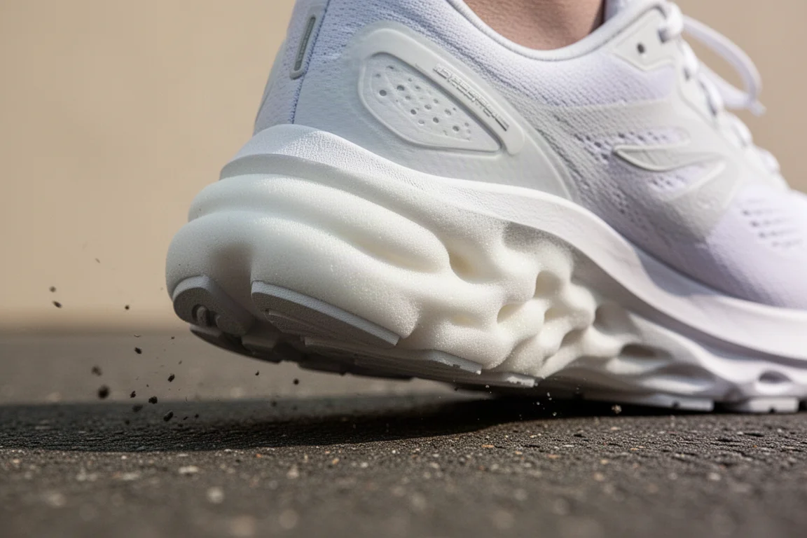 Gros plan sur la mousse de la semelle intermédiaire d'une chaussure de running se comprimant sous l'attaque du talon