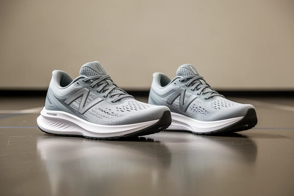 Deux chaussures de running côte à côte sur le sol d'une salle de sport pour comparaison