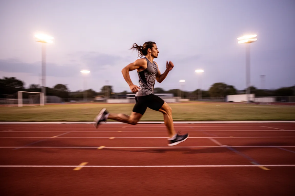 Coureur effectuant des répétitions en fractionné sur une piste d'athlétisme vide au crépuscule