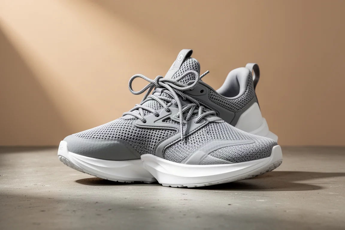 Lightweight running shoe with tall white midsole on a concrete surface