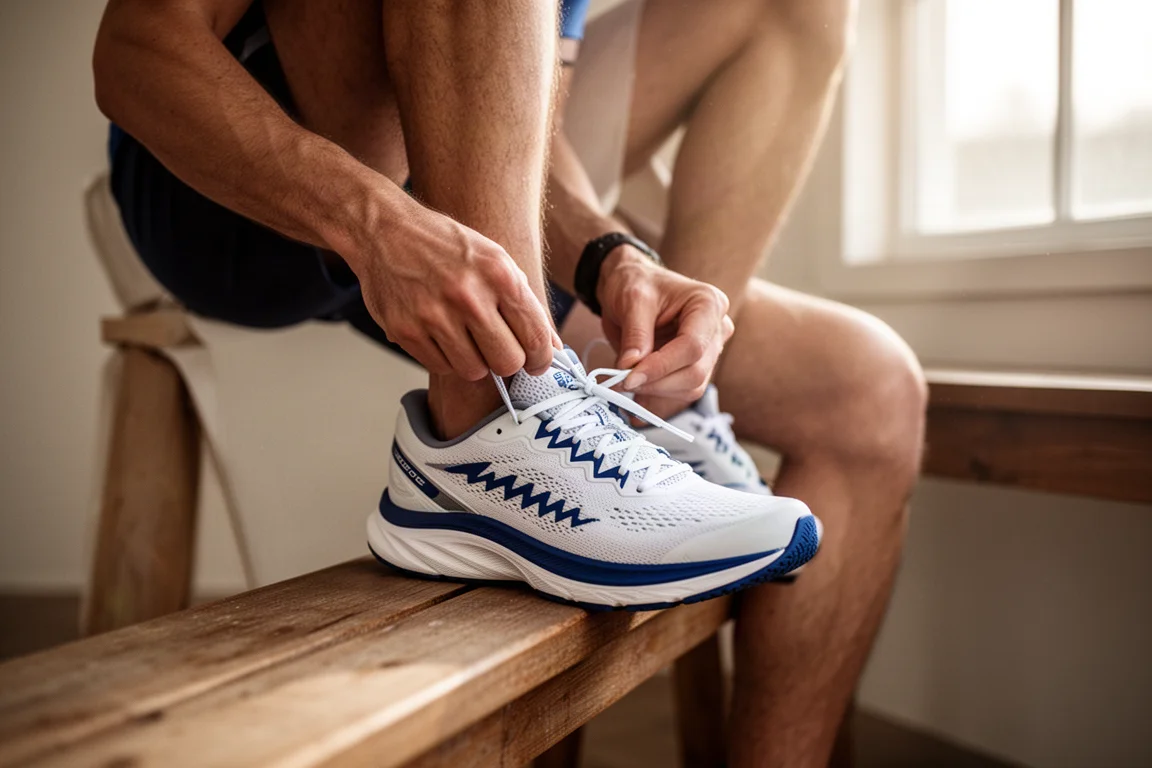Coureur lacent une chaussure de running blanche et bleue sur un plancher de bois