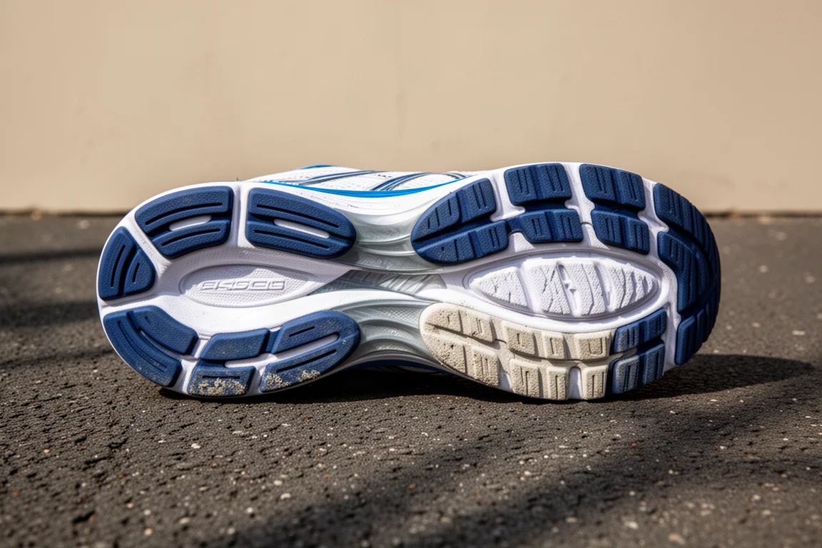 Gros plan sur le caoutchouc de la semelle extérieure d'une chaussure de running montrant une légère usure