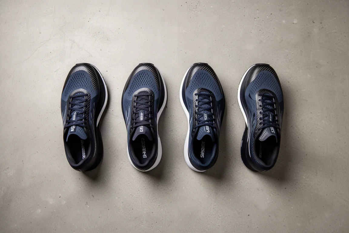 Flat-lay di scarpe da gara con placca in carbonio disposte su un pavimento di cemento