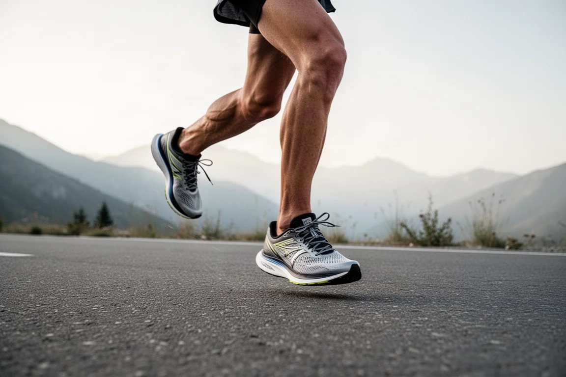 Podista in piedi su una strada silenziosa all'alba con scarpe da gara