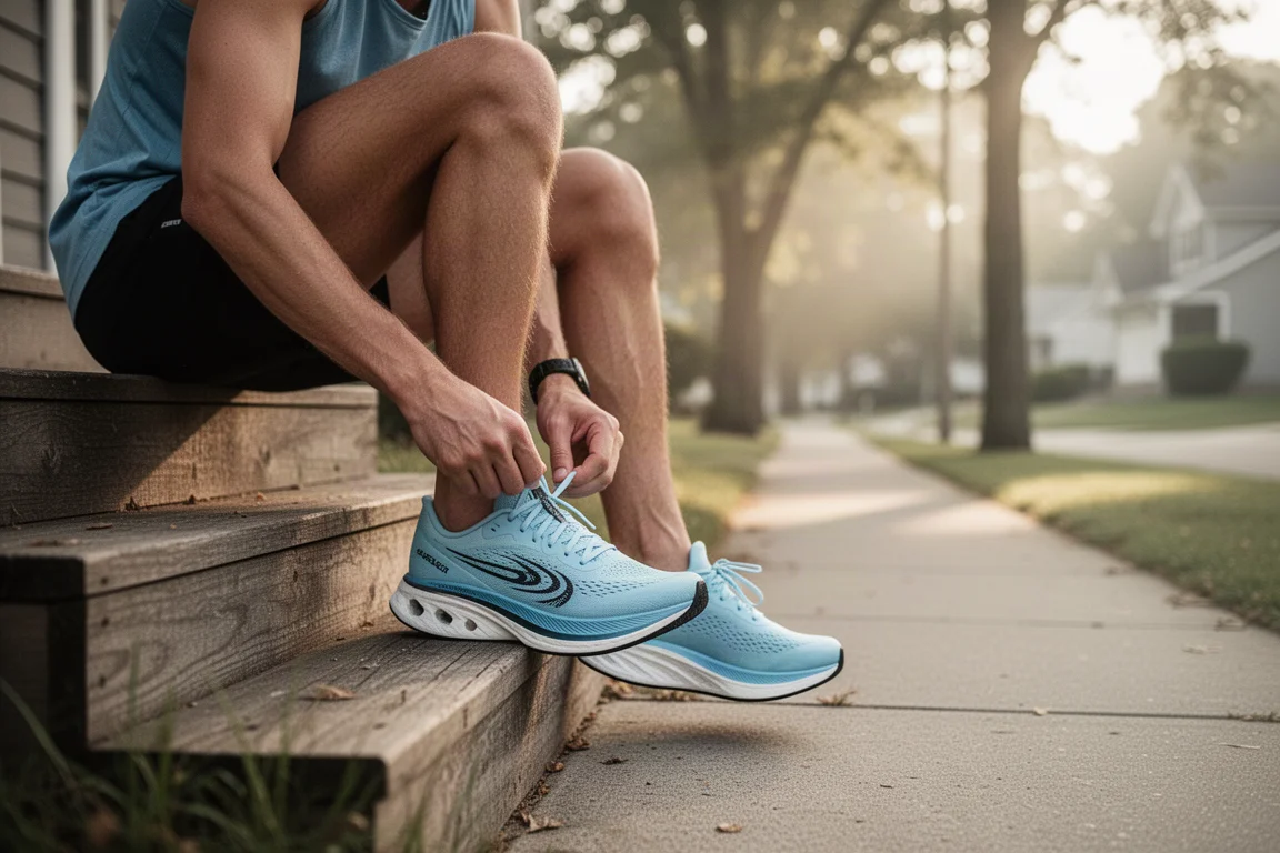 Un coureur lace une chaussure de course à plaque carbone avant une séance de vitesse