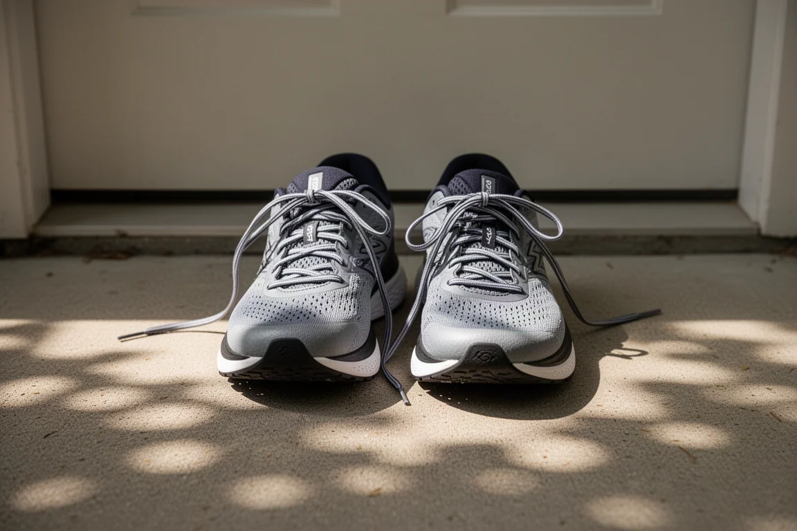 Une paire de chaussures de running posée sur un seuil de porte après l'entraînement