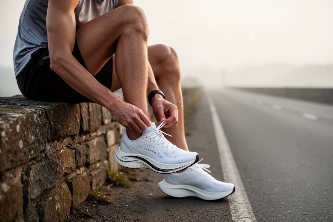 Runner lacing up a lightweight racing shoe on a sunlit roadside