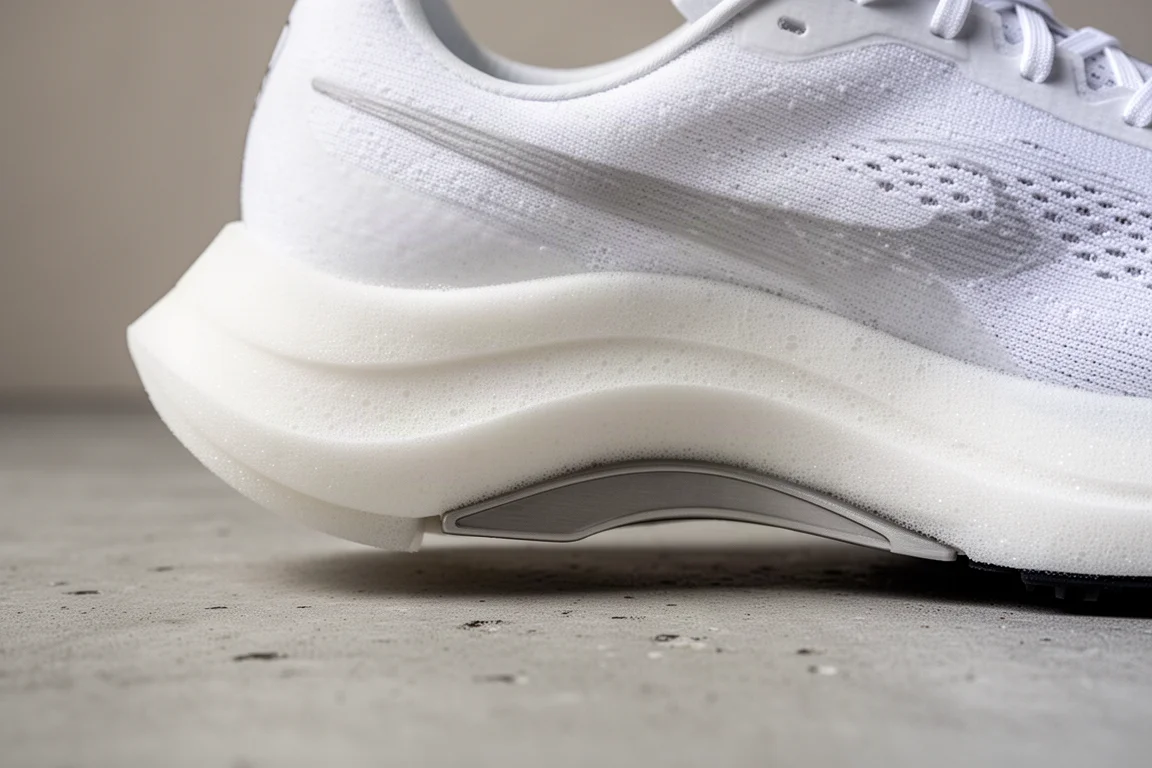 Close-up of a racing shoe midsole showing the curved carbon plate