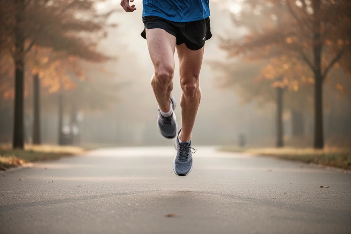 Road runner moving at tempo pace along a quiet tarmac path