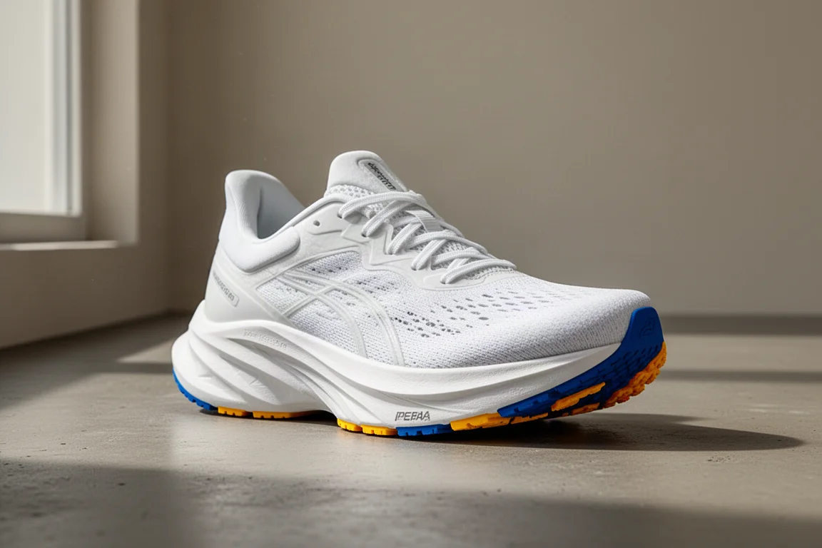 Pure white carbon-plated racing shoe with white foam midsole on concrete surface