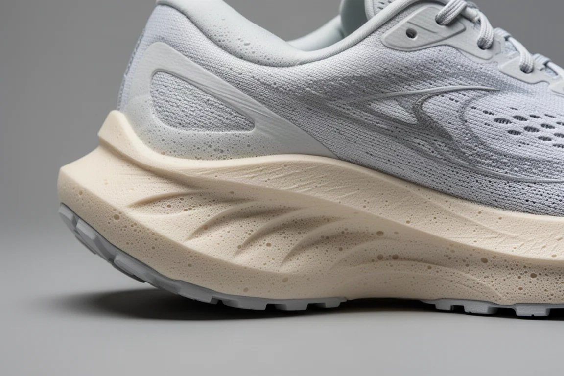 Close-up of a thick white supercritical foam midsole with a visible rocker curve