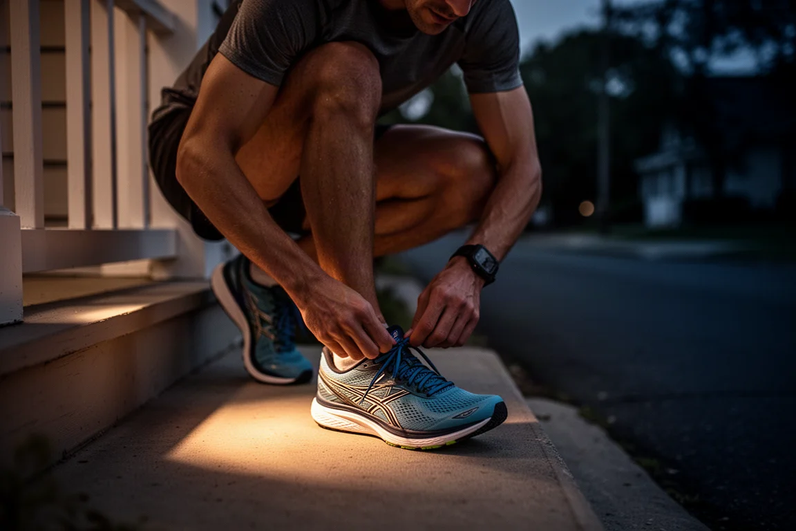 Runner lacing up a racing shoe on a doorstep in pre-dawn darkness
