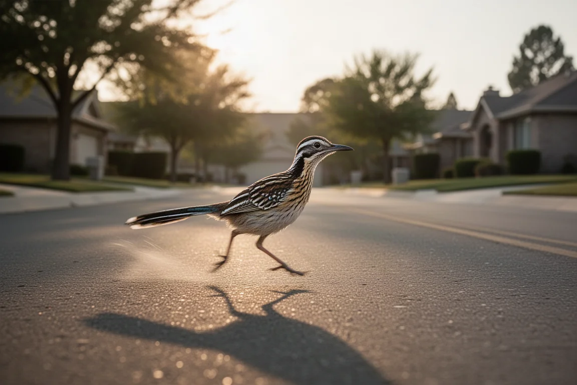 Road runner moving fast along a quiet suburban street in early morning light