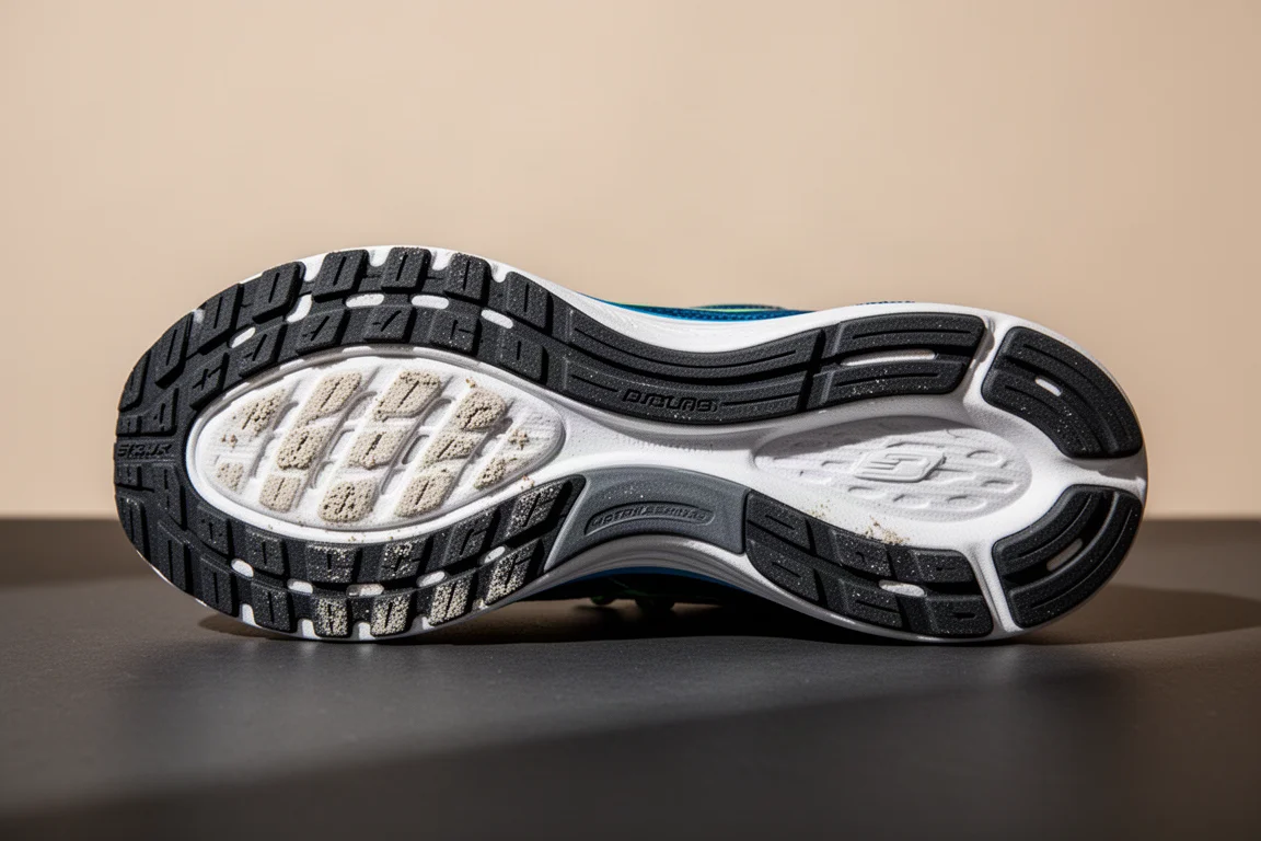 Outsole of a running shoe showing rubber wear after 50-plus miles of testing