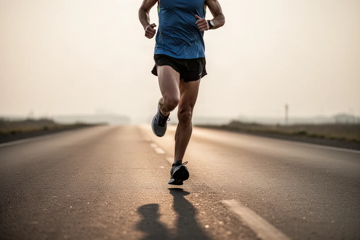 Läufer im Marathontempo auf offener Straße bei Sonnenaufgang
