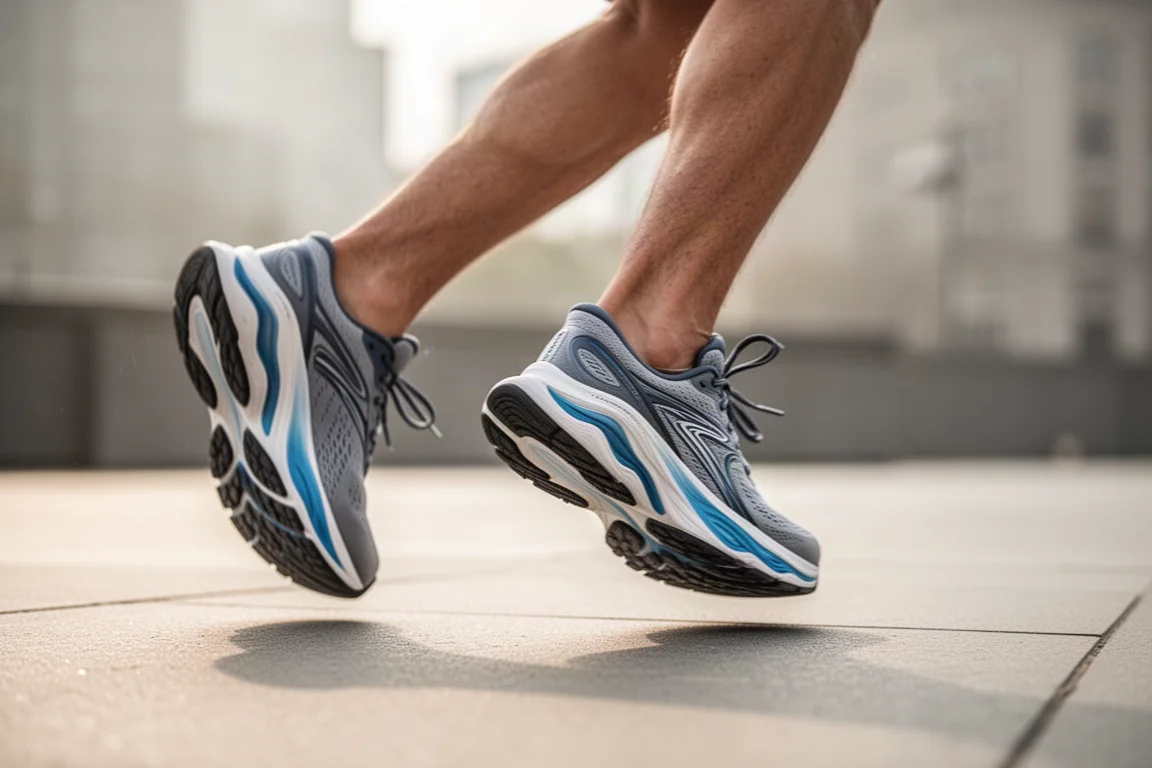 Coureur marchant sur un trottoir avec des chaussures de running stabilisatrices amorties
