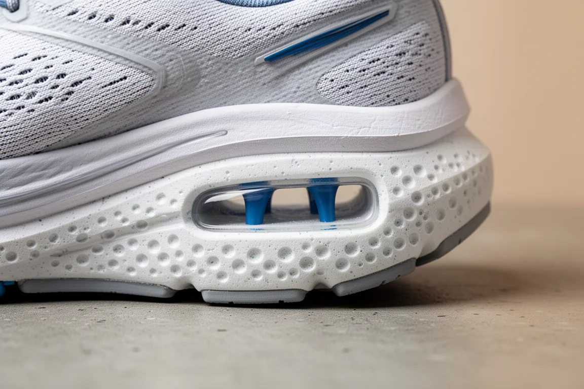 Gros plan sur la fenêtre de la semelle intermédiaire d'une chaussure de running montrant l'élément de soutien interne