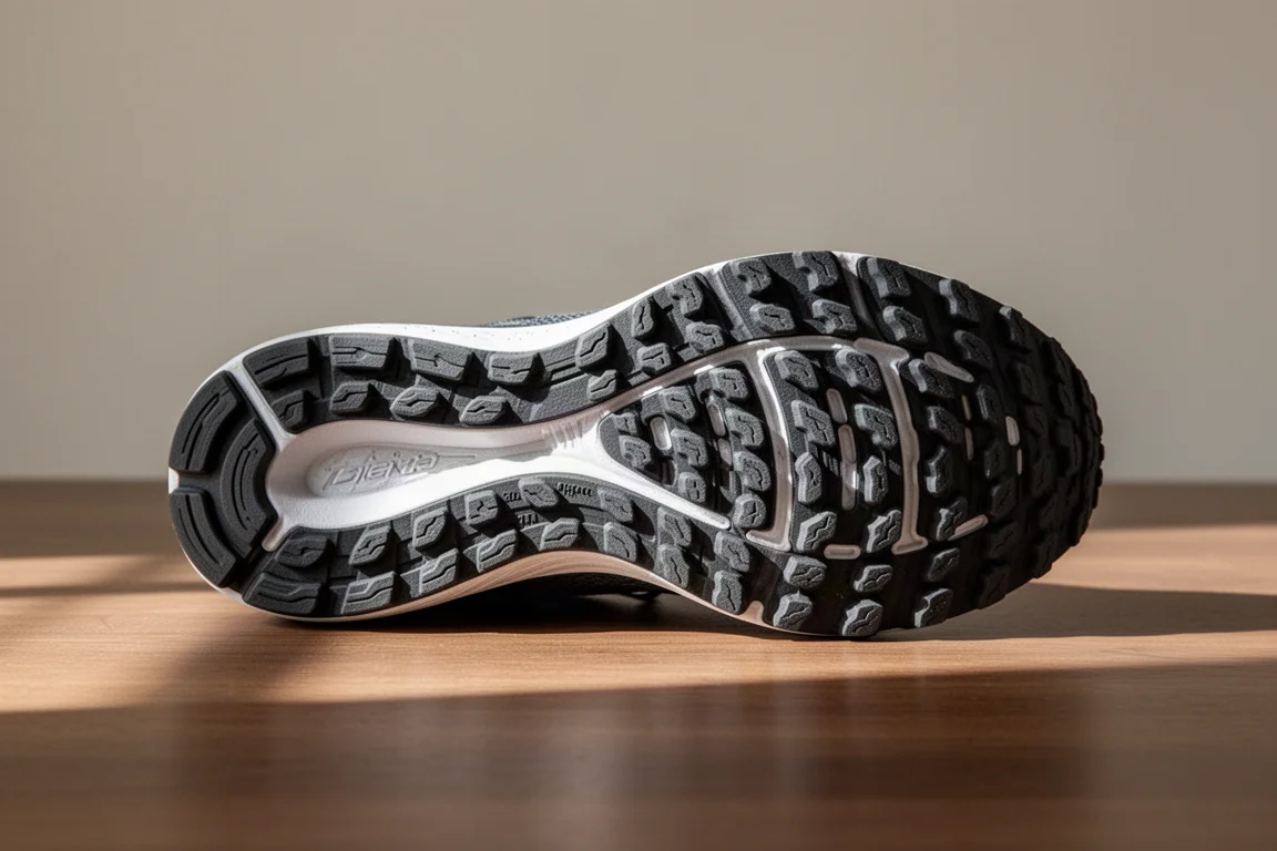 Gros plan sur les crampons denses en caoutchouc de la semelle extérieure d'une chaussure de running