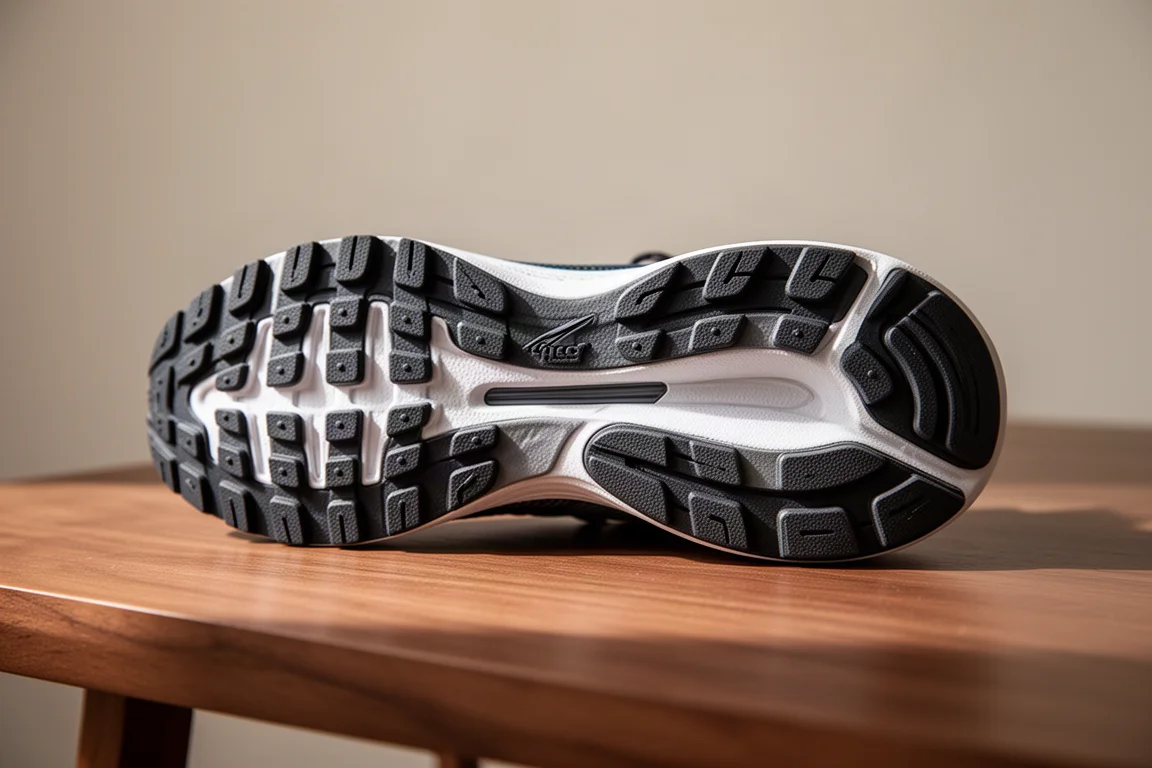 Shoe midsole viewed from below showing wide stable base and rubber coverage
