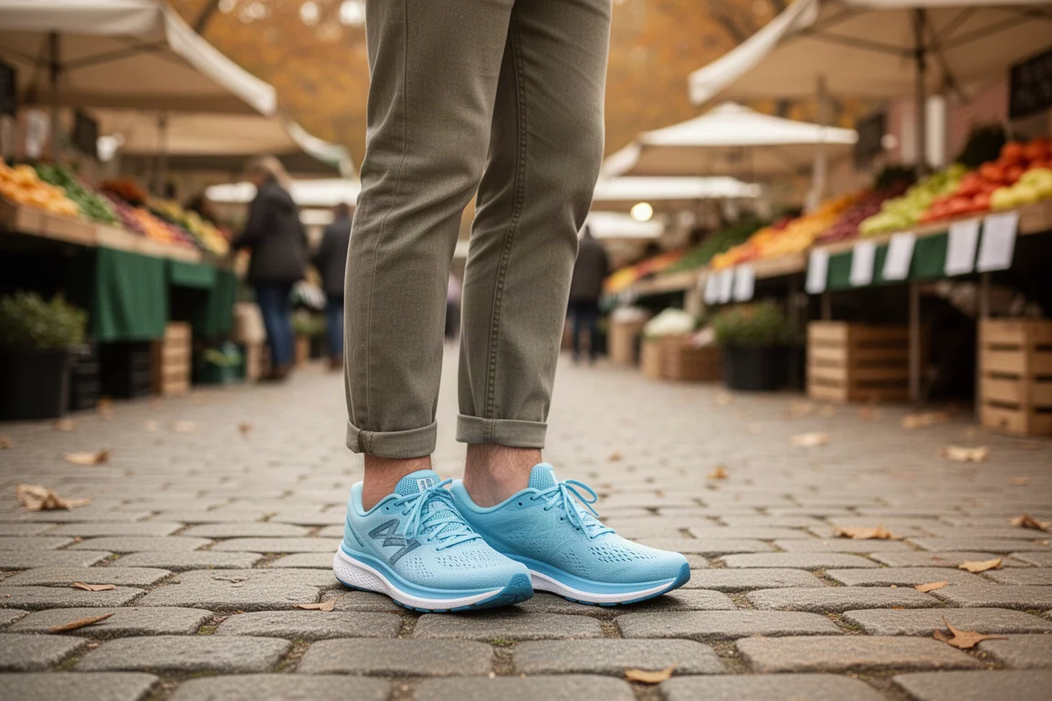 Running shoe styled with casual outfit at an outdoor farmers market