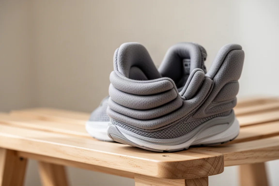 Primer plano del collar acolchado y la lengüeta integrada de una zapatilla de running