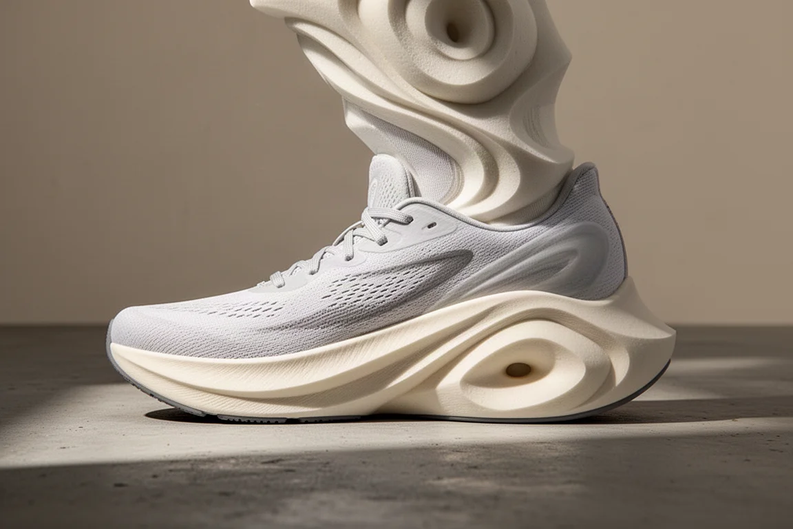 Mediasuela de una zapatilla de running que muestra un perfil de espuma esculpido sobre hormigón