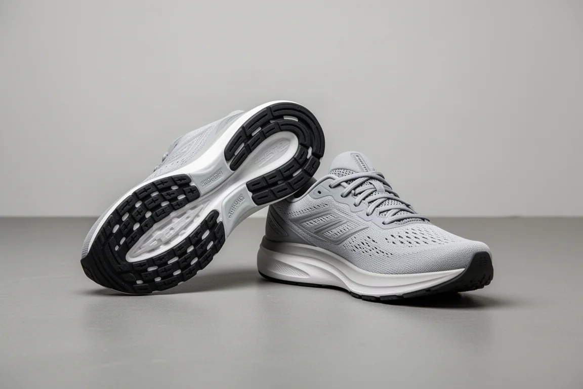Par de zapatillas de running sobre un suelo gris de estudio con sombras suaves