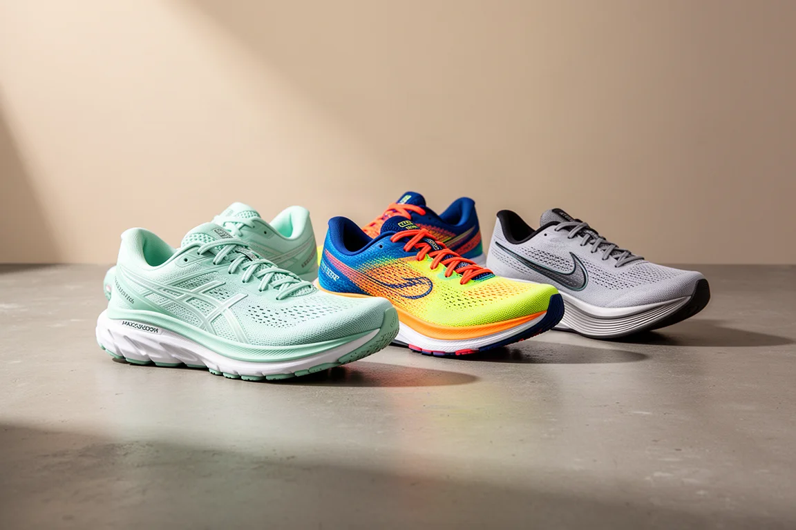 Three Diadora running shoes lined up on a concrete surface