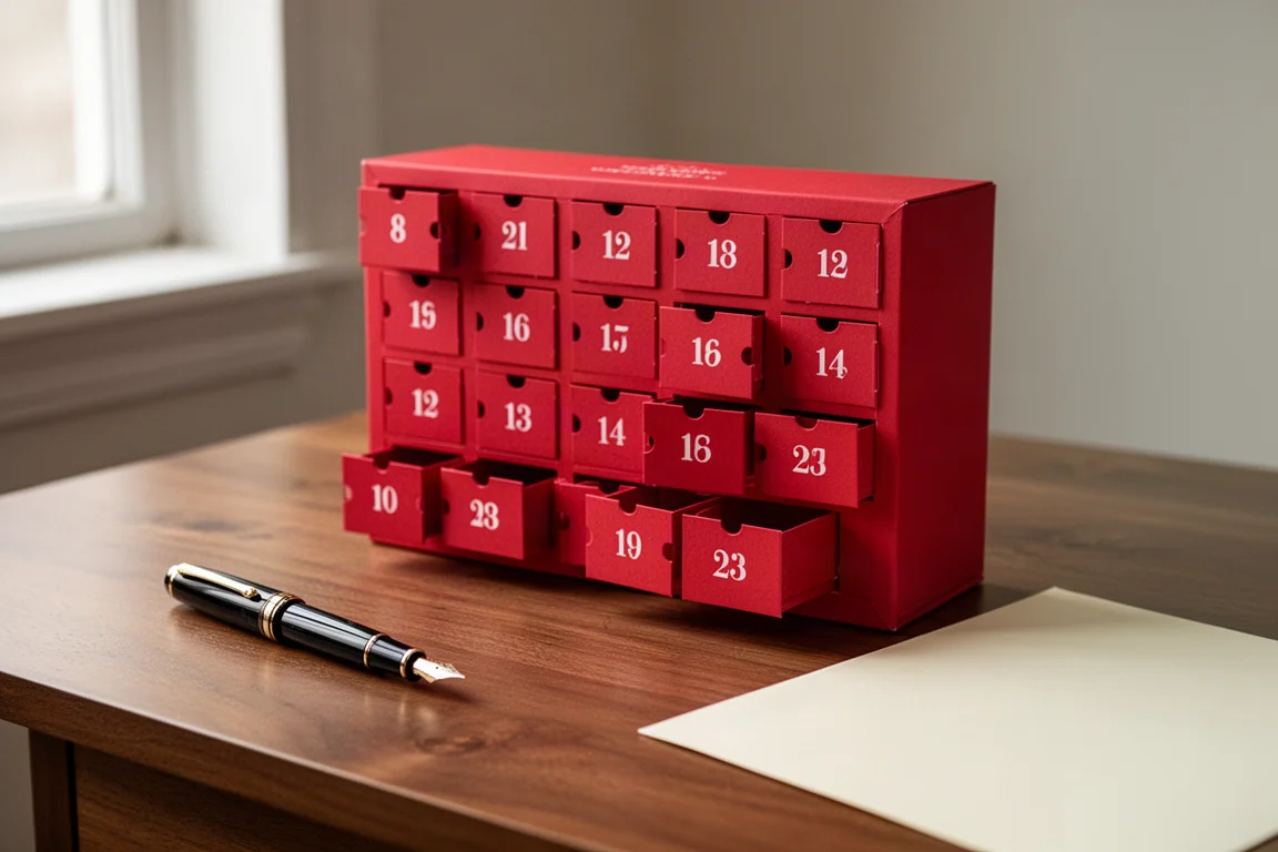Röd adventskalender med små numrerade luckor på ett skrivbord