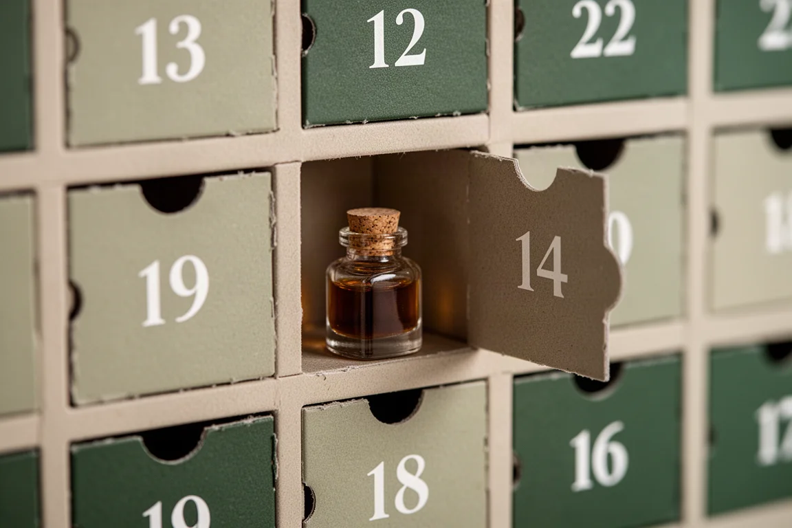 Primo piano delle porticine numerate di un calendario dell'Avvento con una aperta