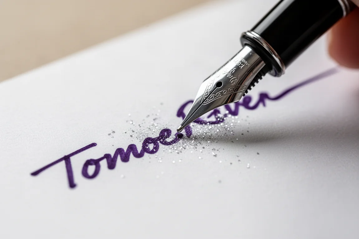 Penna stilografica che scrive su carta Tomoe River con un campione di inchiostro shimmer
