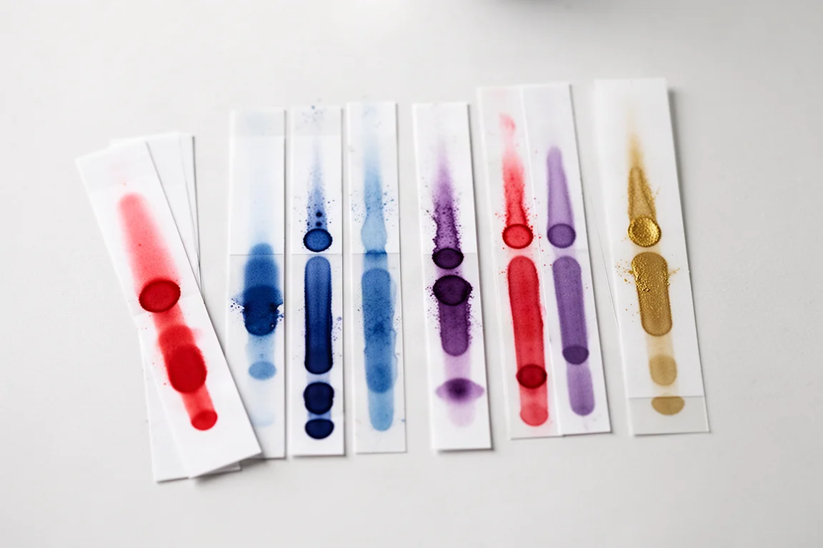 Strisce cromatografiche che mostrano i colori dell'inchiostro separati