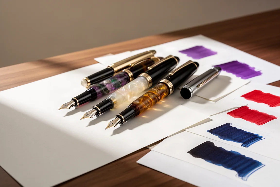 Assortimento di penne stilografiche appoggiate accanto a campioni di scrittura con inchiostro