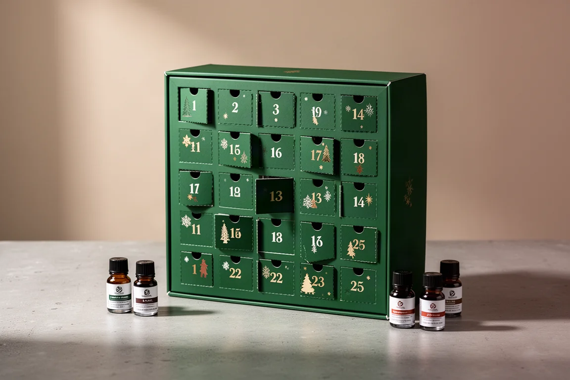 Green Diamine Inkvent advent calendar box with numbered doors beside small ink bottles