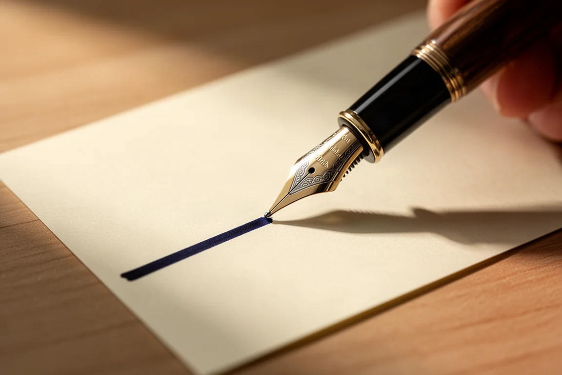 Fountain pen writing with deep blue-black ink on cream paper
