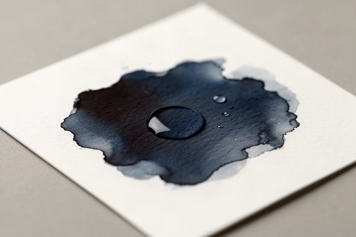 Water droplets applied to a dried ink swatch to test water resistance