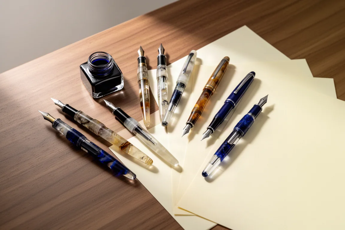 Flat-lay of fountain pens and an ink bottle on a writing desk