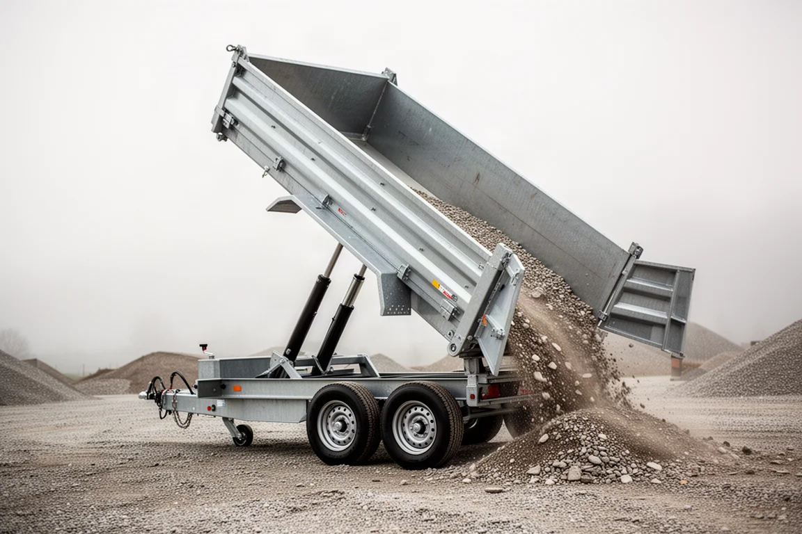 Dump trailer with raised bed and three-stage hydraulic piston at full 45-degree angle
