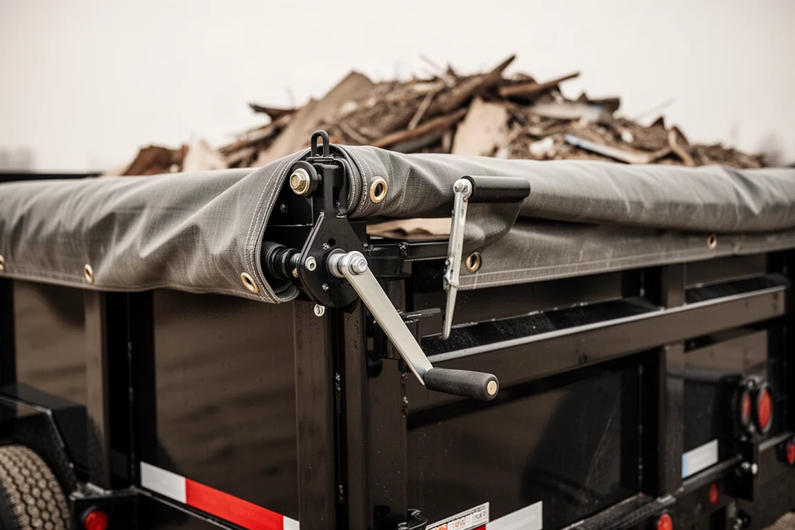 Hand crank tarp system rolled out over a dump trailer bed
