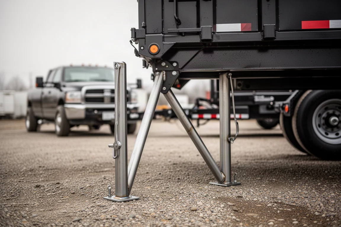 Stabilizer legs lowered on a dump trailer during loading