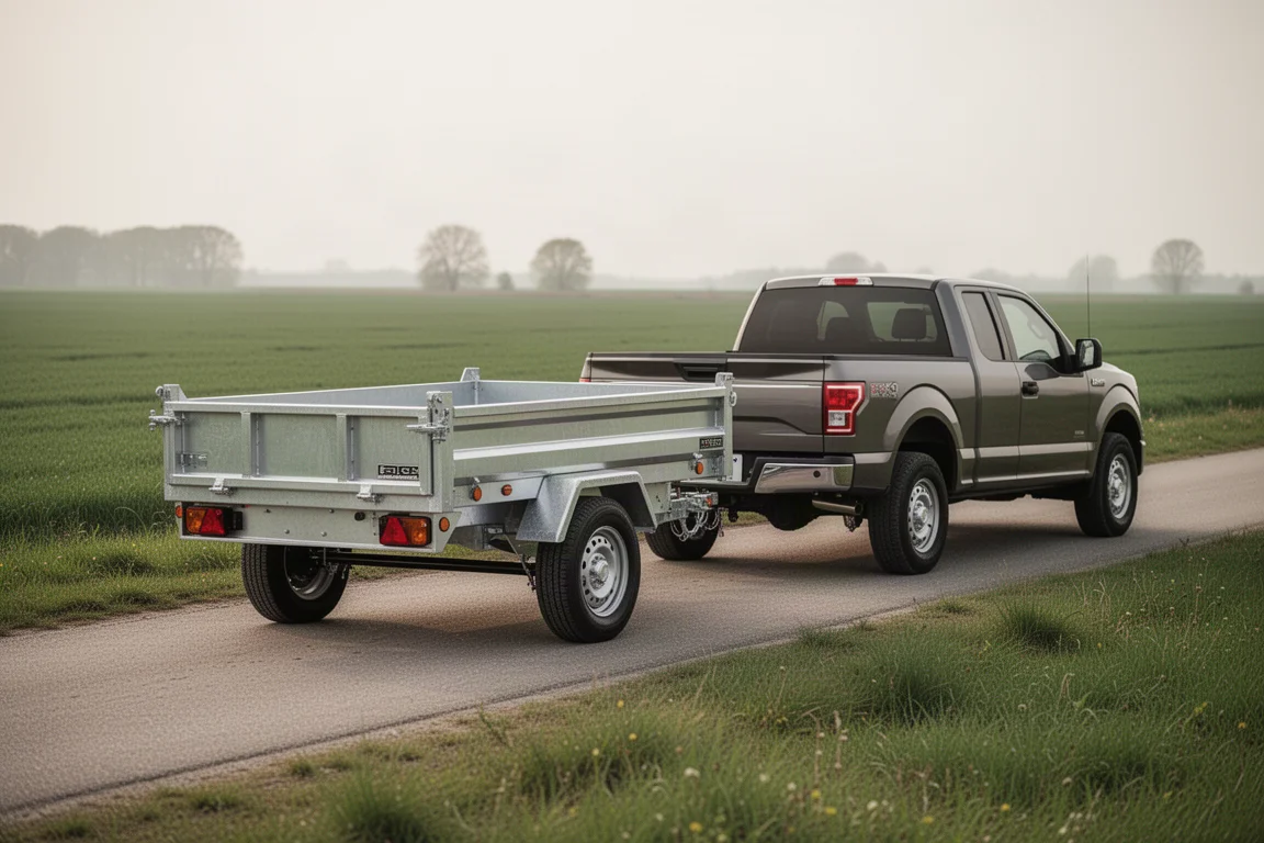 Compact entry-level dump trailer hitched behind a mid-size pickup truck