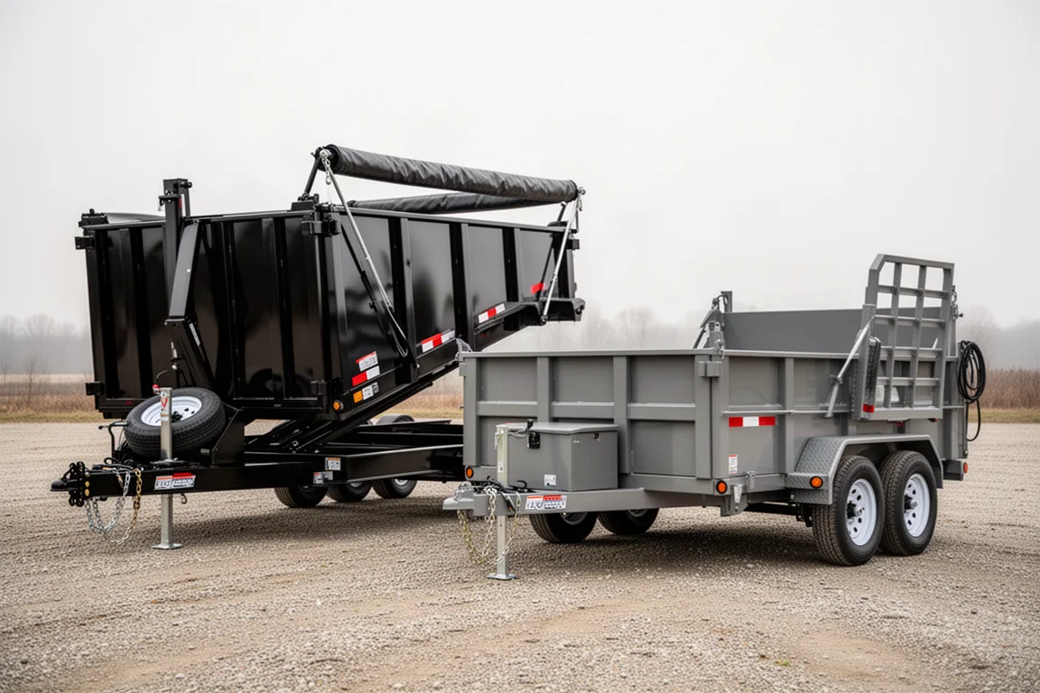 Two Diamond C dump trailers parked side by side on a gravel lot
