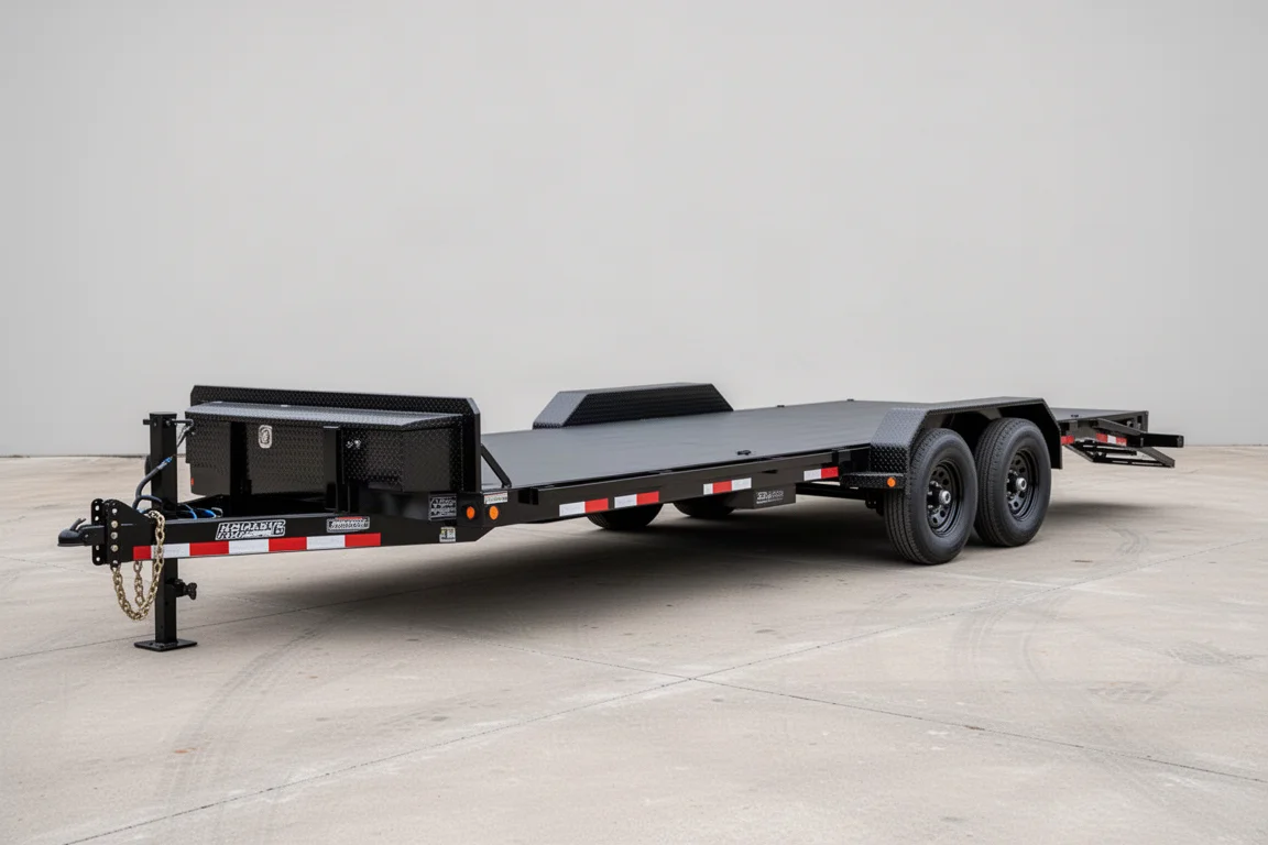 Black dual-axle equipment trailer with welded fenders and rear ramps on concrete