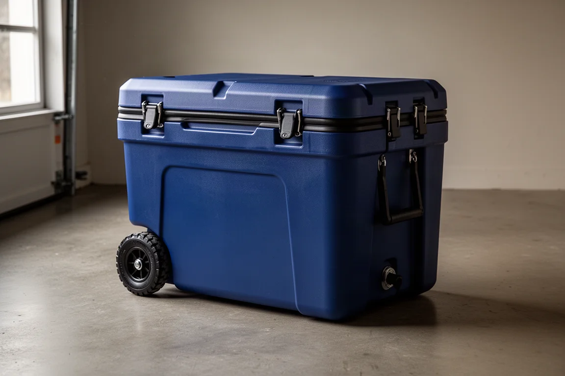 Large blue wheeled cooler with side handle on a concrete floor