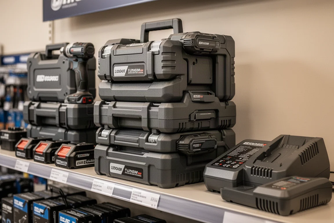 Regalpräsentation von Akku-Werkzeugkits und Batterien in einem Autozubehörhandel
