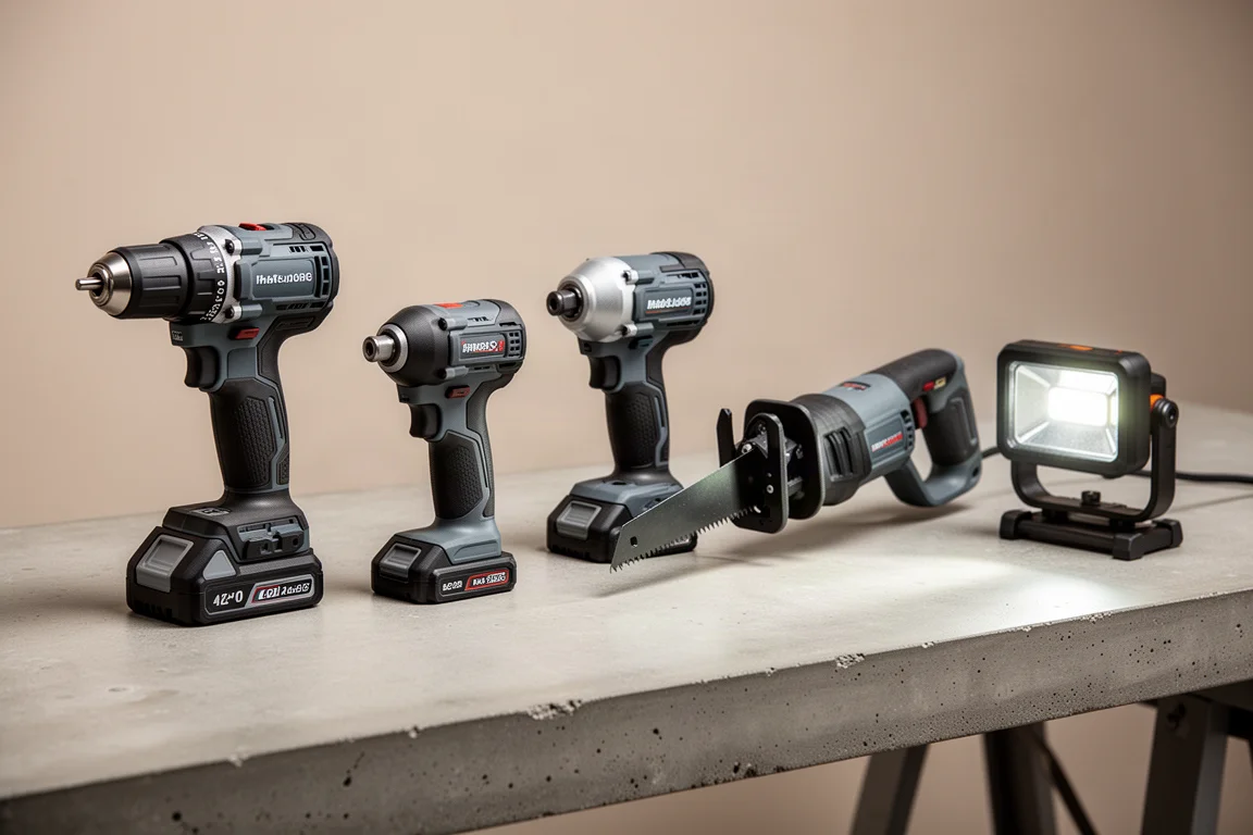 Linea di elettroutensili cordless DieHard su una banca da lavoro in cemento