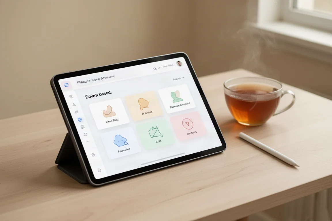 Tablet z wyświetlonym dashboardem do pobierania plannera cyfrowego z wyborem formatu