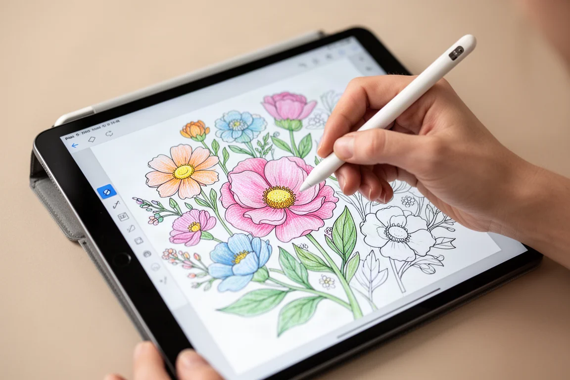 Ręka kolorująca ilustrację w cyfrowym plannerze za pomocą rysika