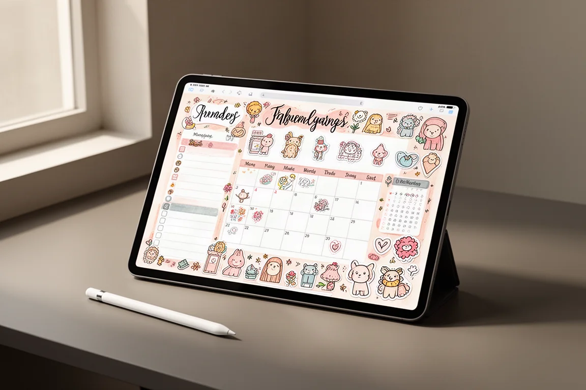 Tablet displaying a colorful digital planner spread with doodle illustrations