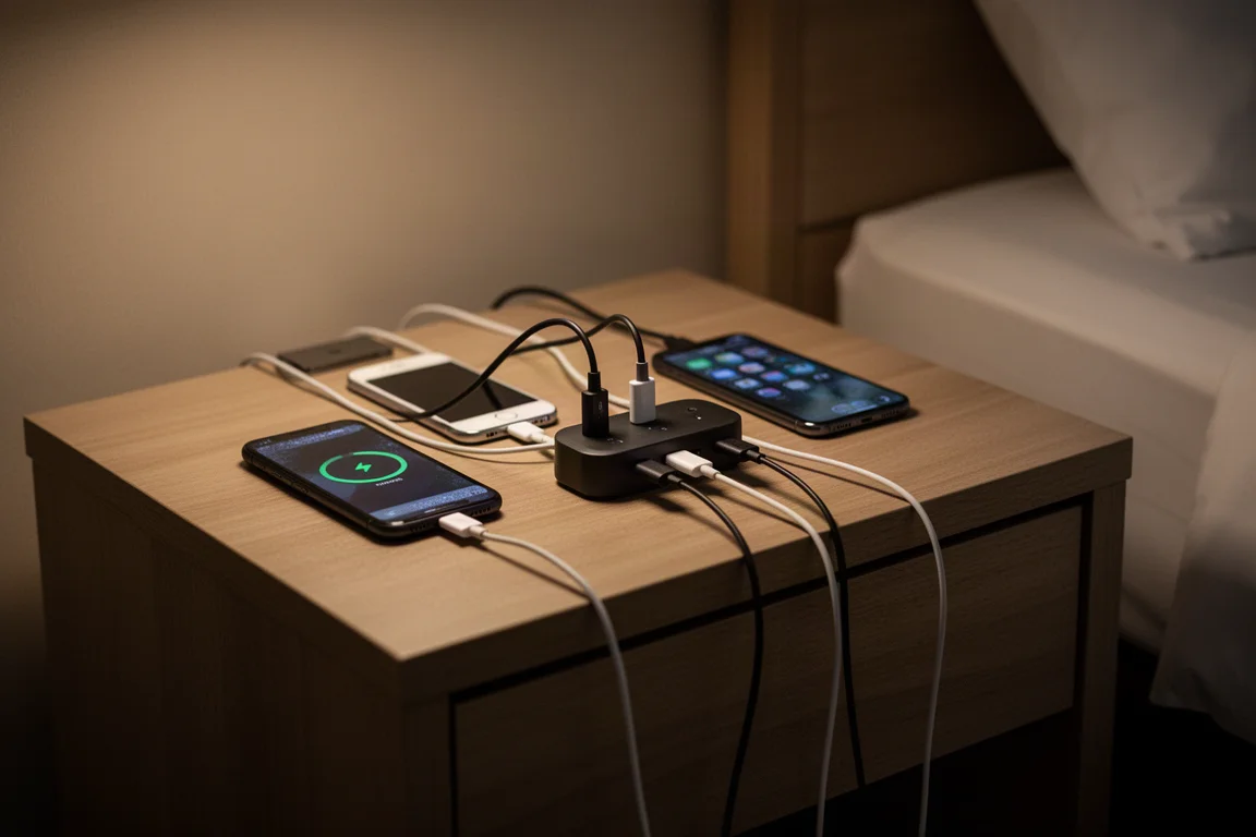 Overnight charging station with multiple devices plugged into short cables on a nightstand